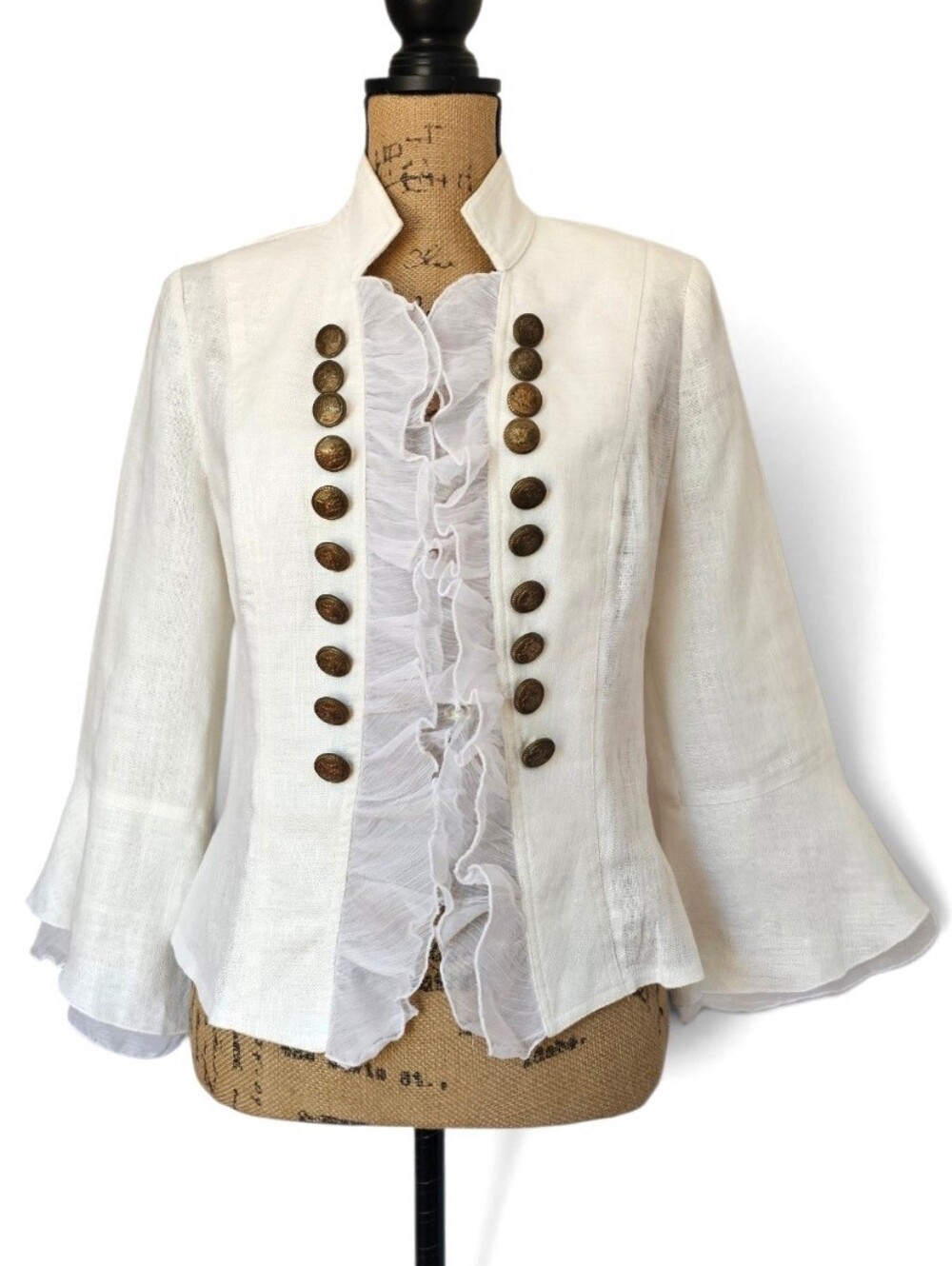 Mieka White Linen Textured Military Jacket Bell Sleeves Brass Button, Size 8